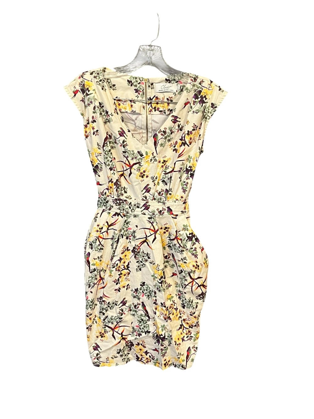 Closet London Bird & Floral Print Wiggle Sheath Dress UK 8 US 4 Cream Tie Waist